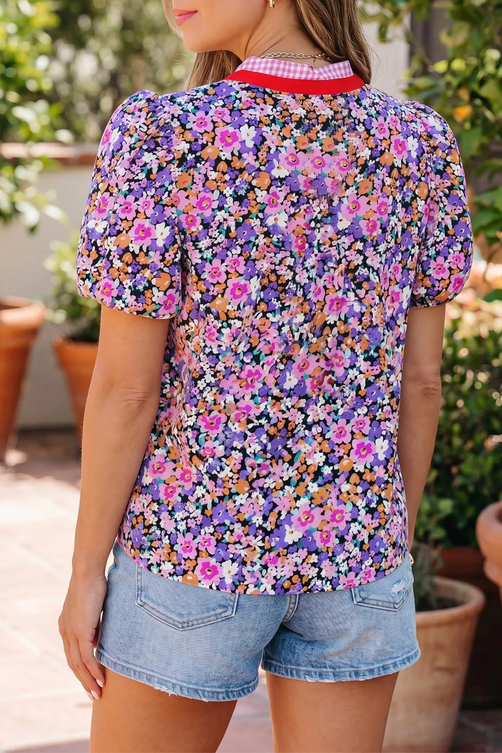 Ditsy Floral Print Plaid Colorblock Trim V Neck Blouse, image 2