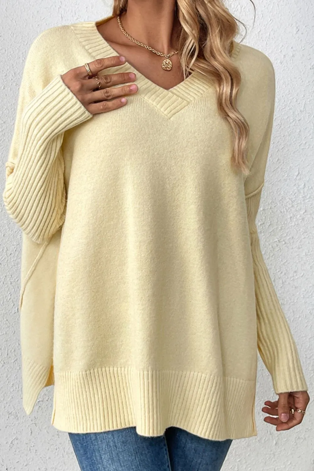 Slit V-Neck Dropped Shoulder Sweater, image 4