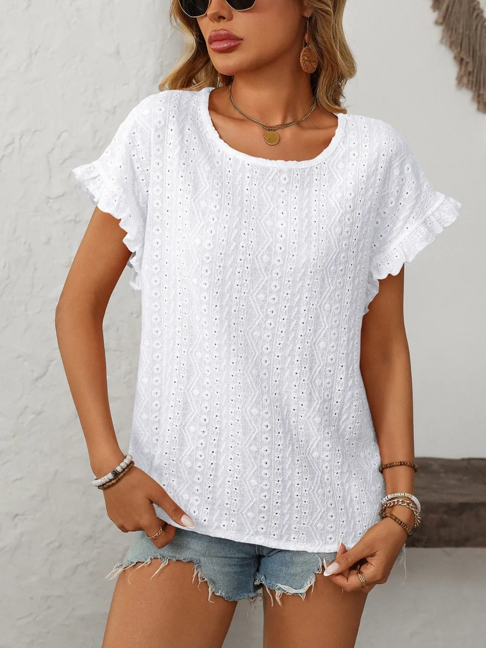 Eyelet Round Neck Short Sleeve Top, image 34