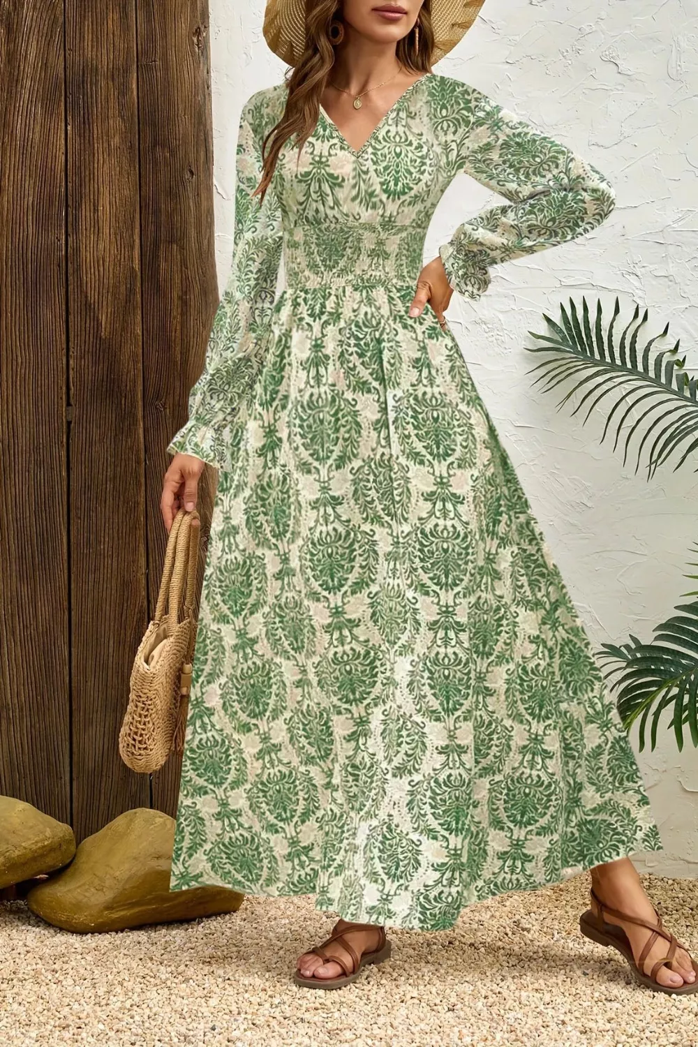 Printed V-Neck Long Sleeve Maxi Dress, image 4