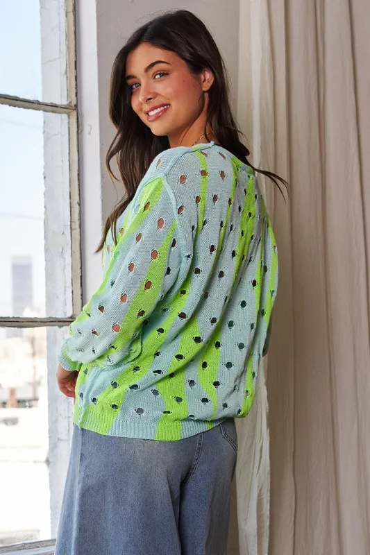 Two-Tone Ribbed Hem Openwork Knit Top, image 3