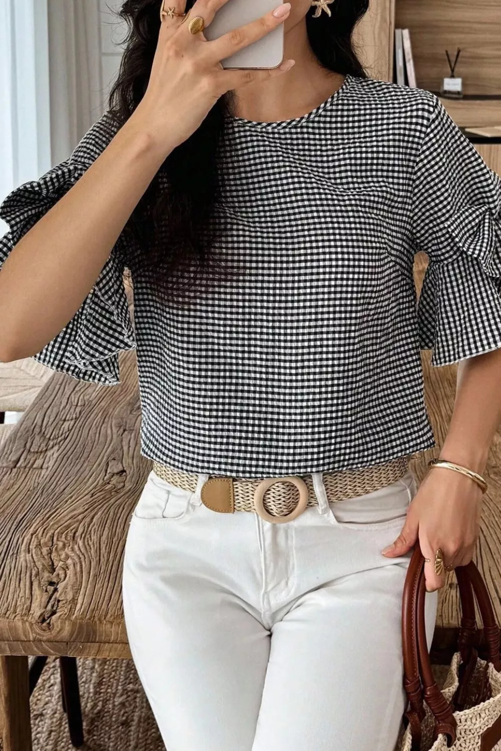 Gingham Bow Half Sleeve Blouse, image 2