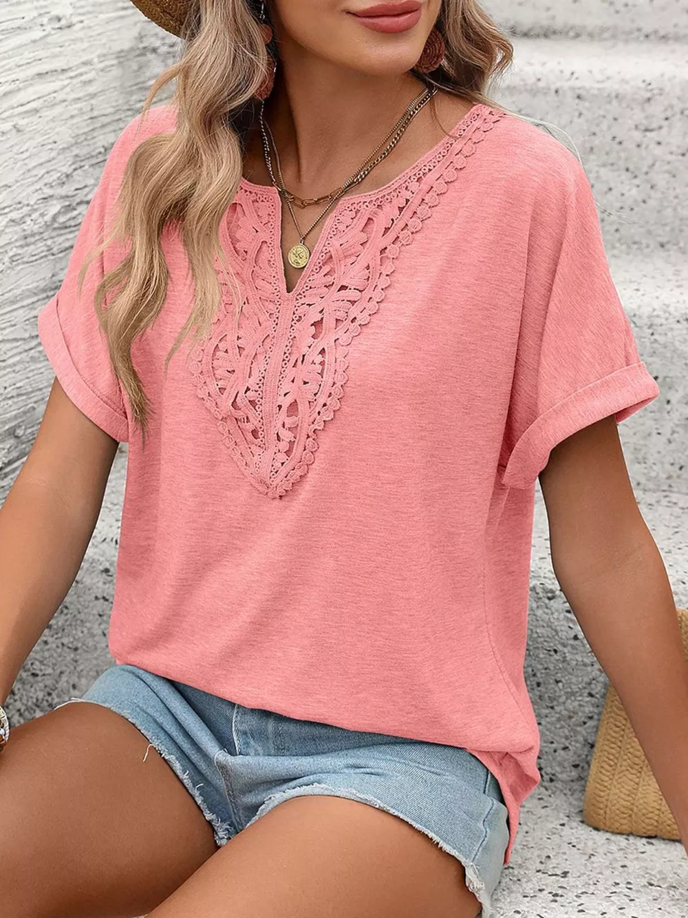 Lace Trim Short Sleeve T-Shirt, image 30