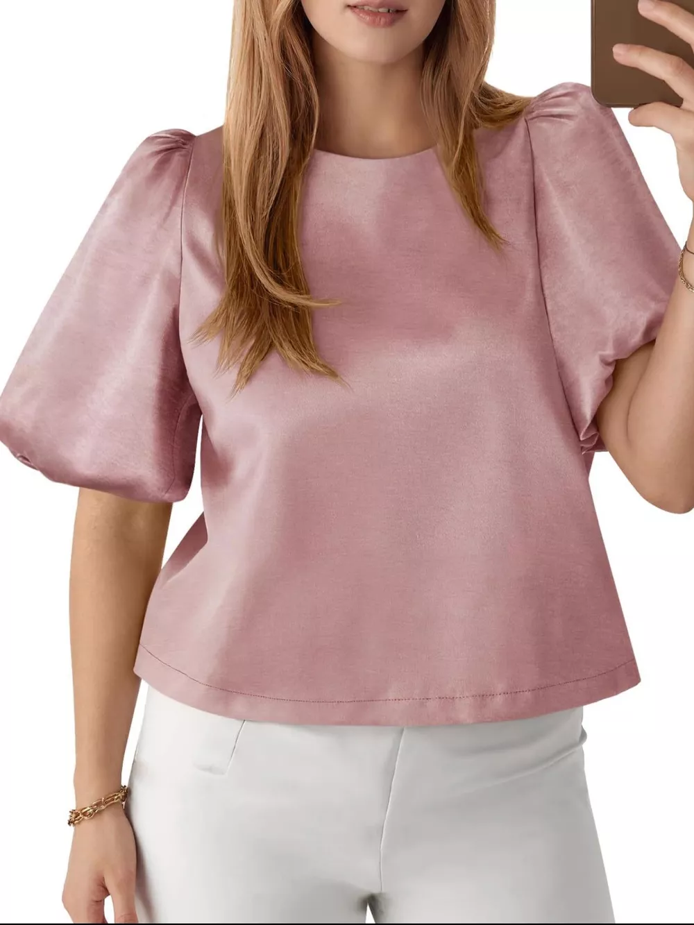 Round Neck Puff Sleeve Satin Top, image 10