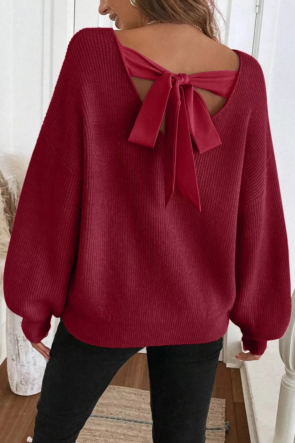 Ribbed Knit Ribbon Knot Backless Drop Shoulder Sweater, image 10