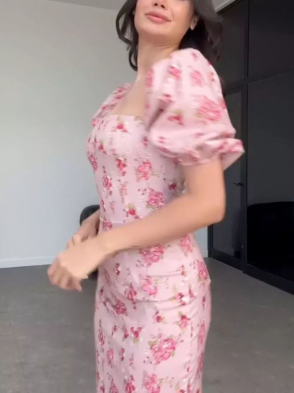 Floral Puff Sleeve Ruched Midi Dress, image 6