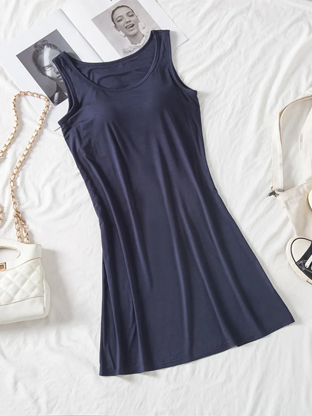 Round Neck Wide Strap Mini Tank Dress with Bra, image 8
