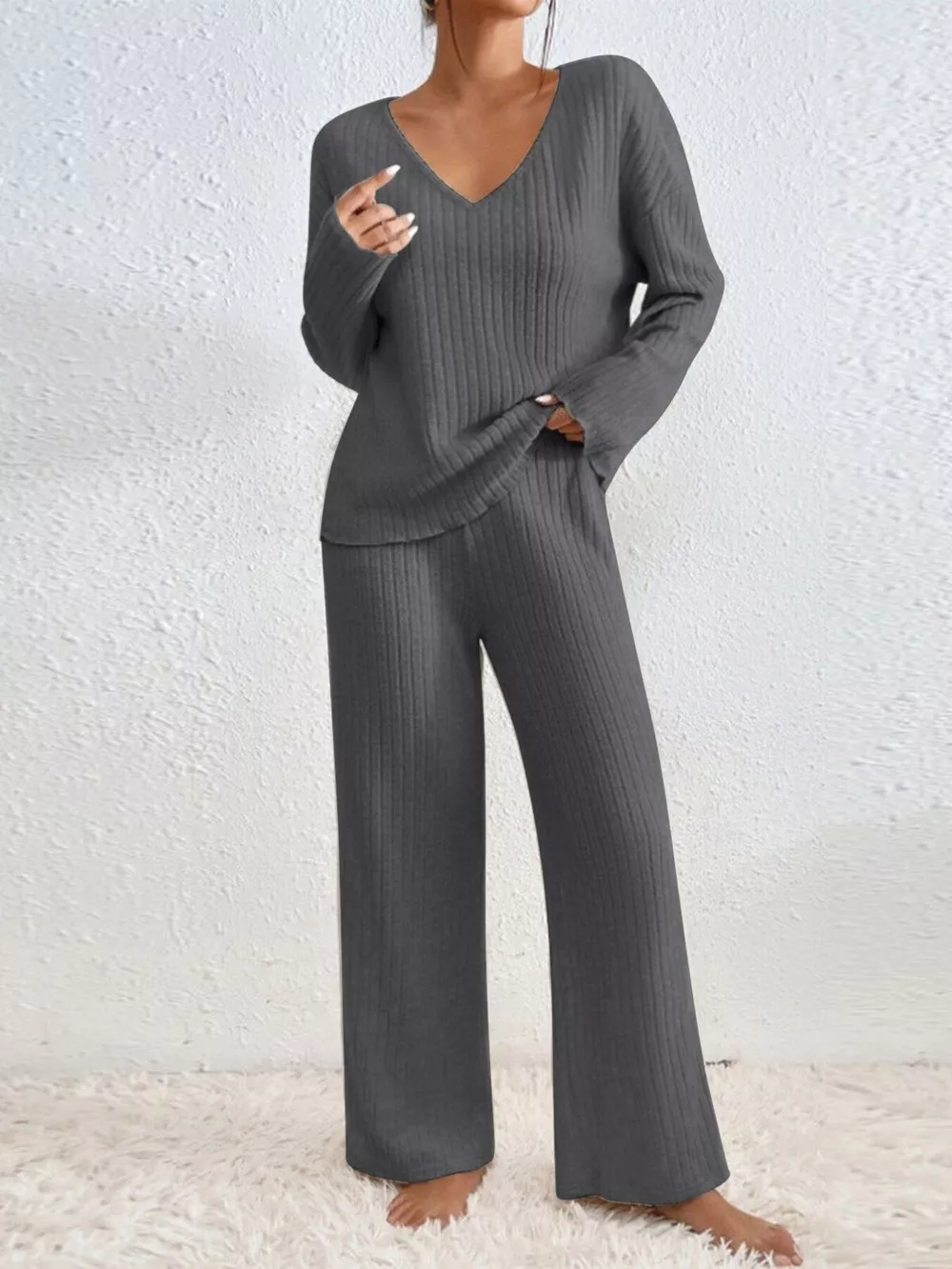 Ribbed V-Neck Top and Pants Set, image 11