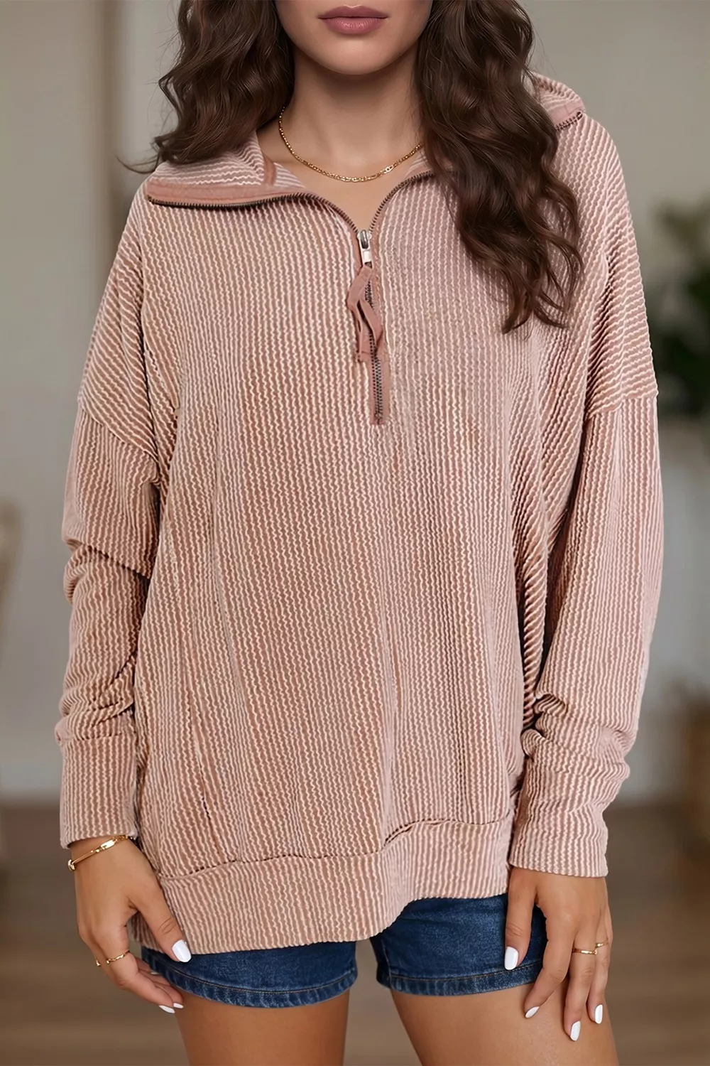 Twist Ribbed Zipper Collar Drop Shoulder Long Sleeve Top