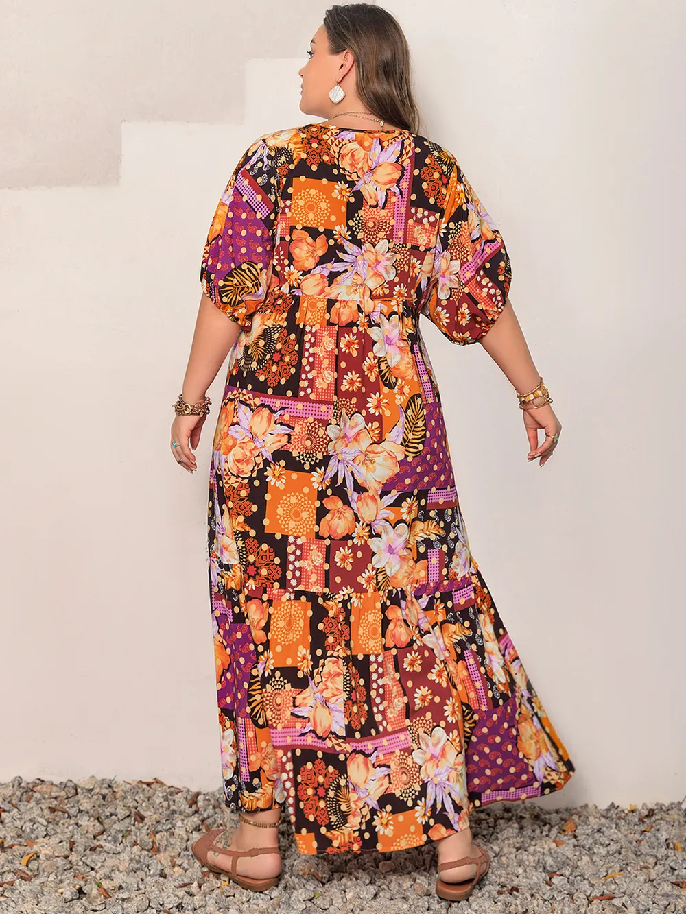Plus Size Printed V-Neck Half Sleeve Maxi Dress, image 8