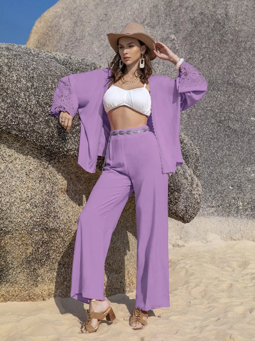 Lace Detail Open Front Cover Up and Pants Set, image 6
