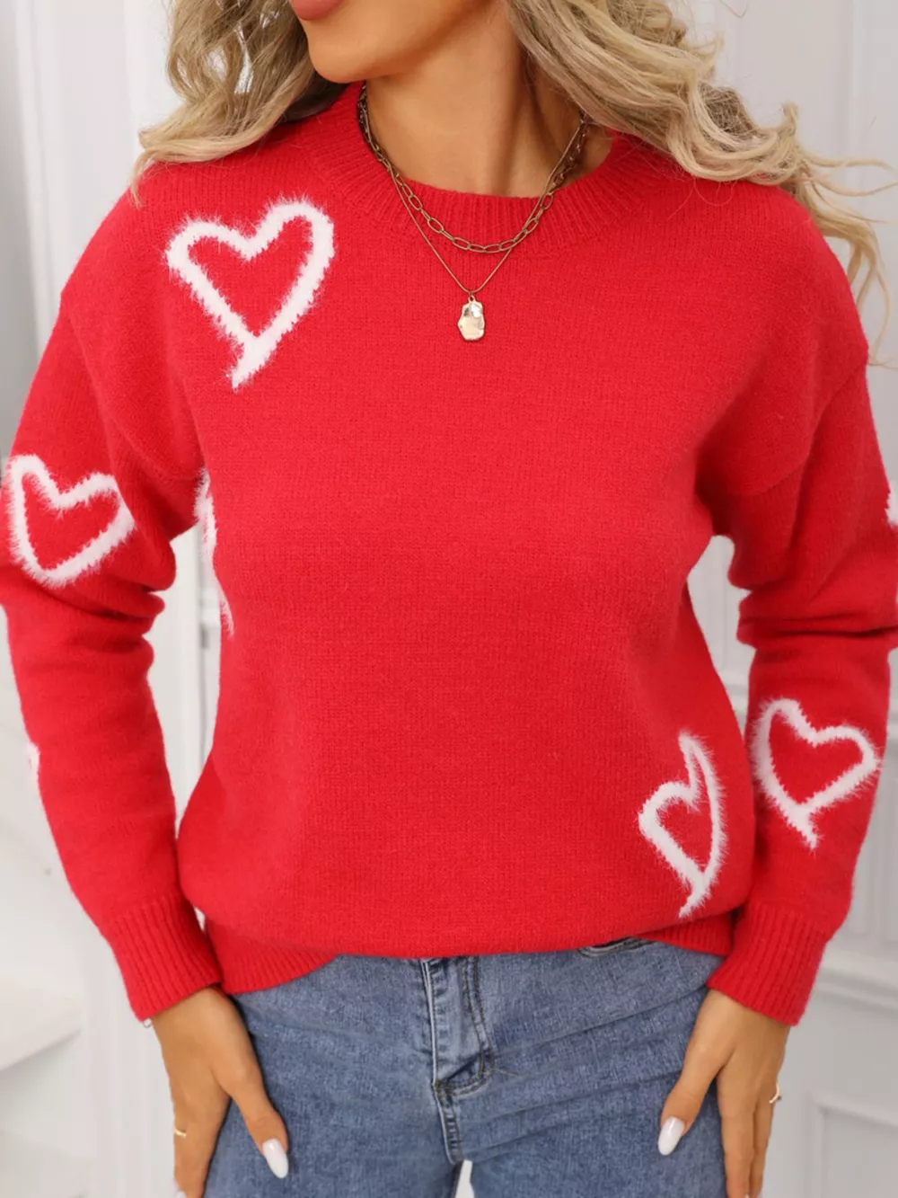 Valentine's Day Heart Print Crew Neck Sweater, image 3