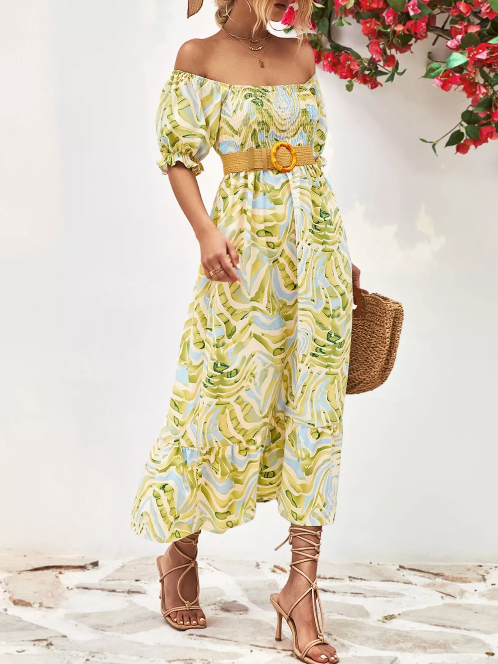 Smocked Printed Puff Sleeve Midi Dress, image 5