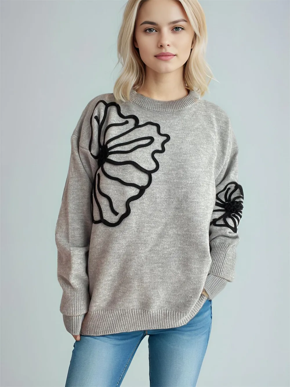Flower Round Neck Long Sleeve Sweater, image 2