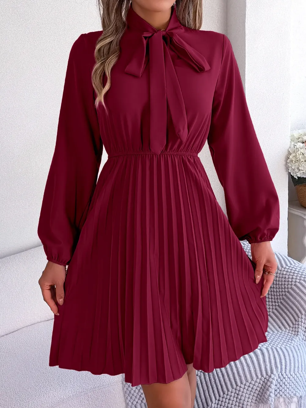 Tie Neck Balloon Sleeve Pleated Dress, image 2