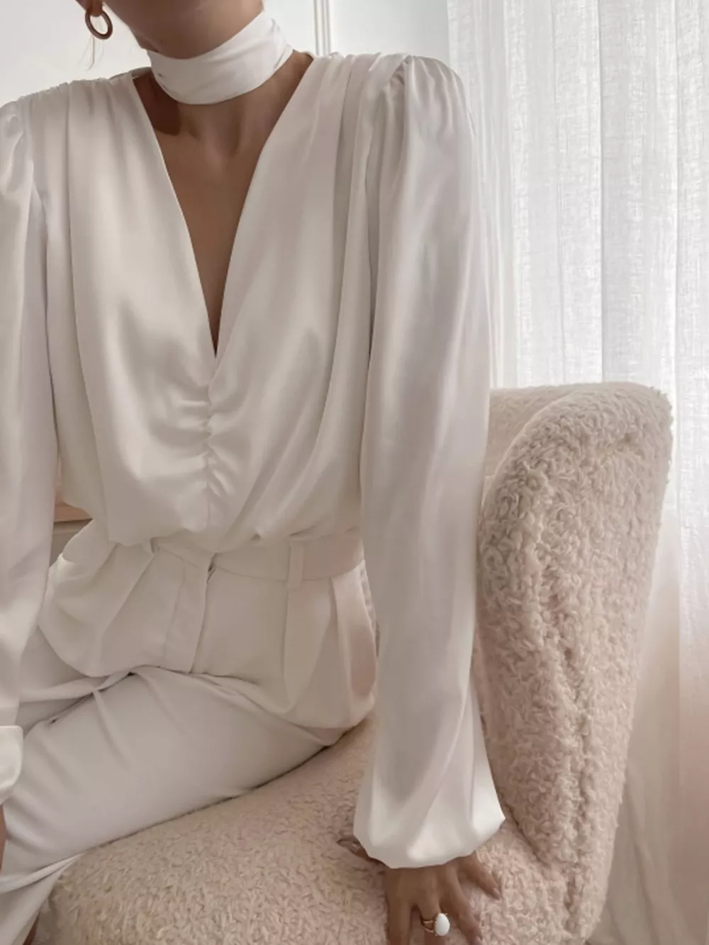 V-Neck Ruched Long Sleeve Blouse, image 2