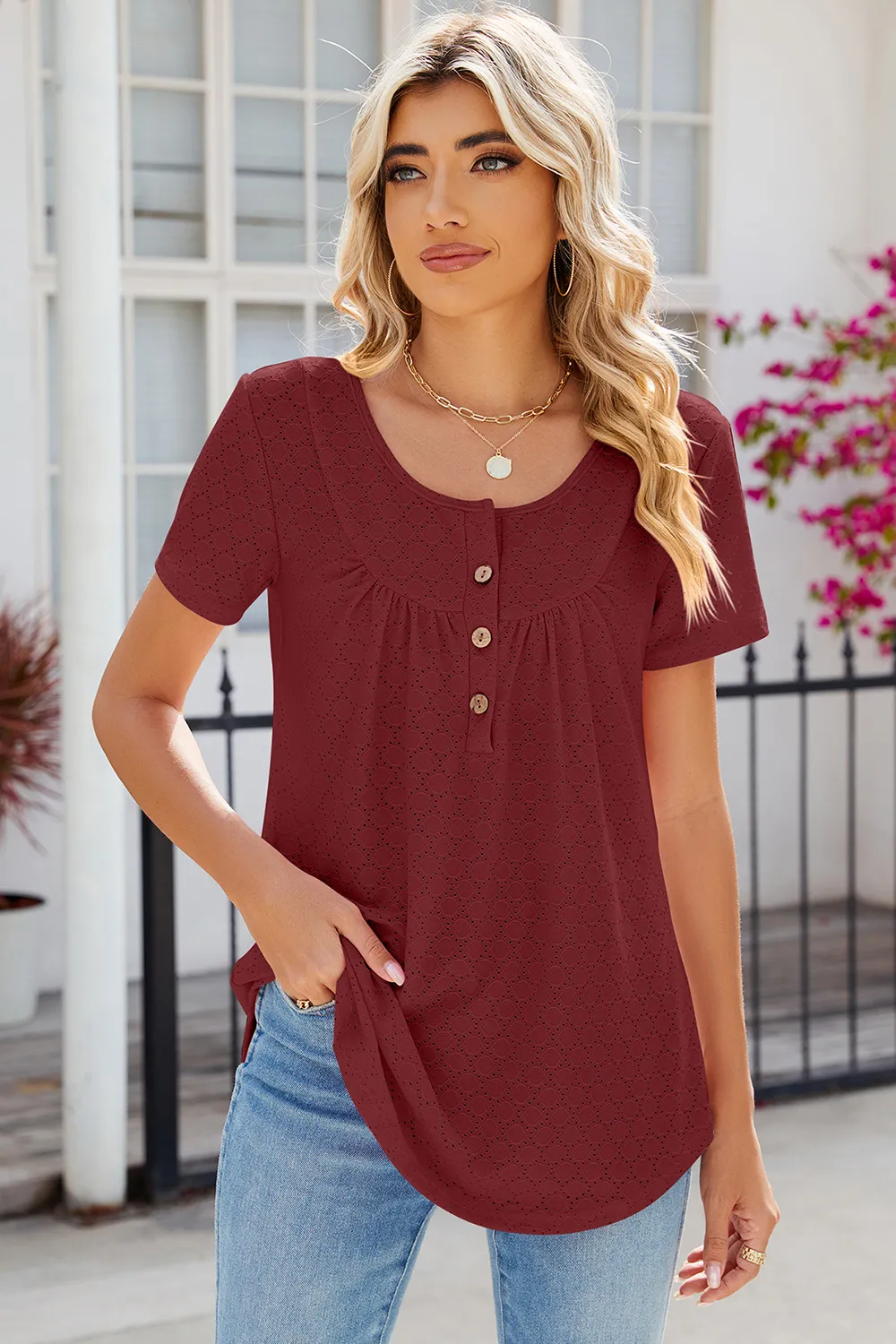 Eyelet Quarter Button Short Sleeve T-Shirt, image 19