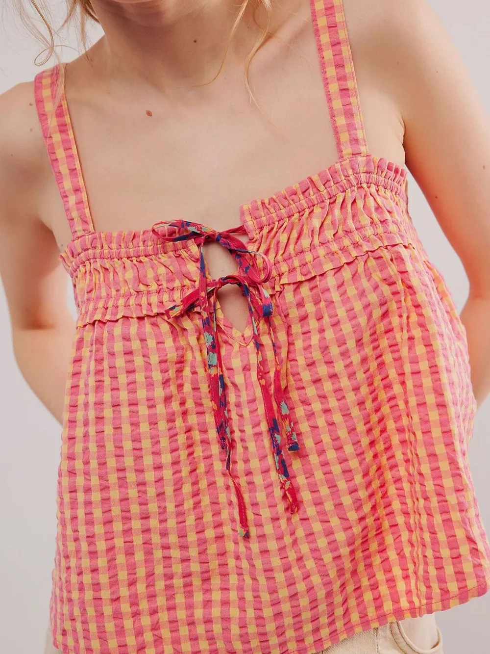 Smocked Gingham Tie-Front Cami, image 11