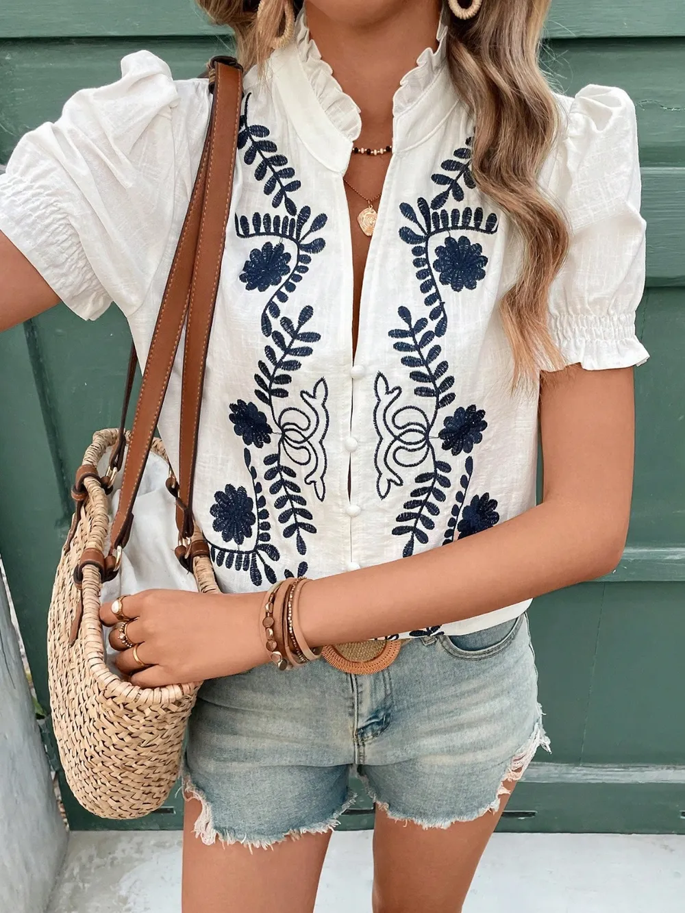 Embroidered Frill Notched Short Sleeve Blouse, image 19