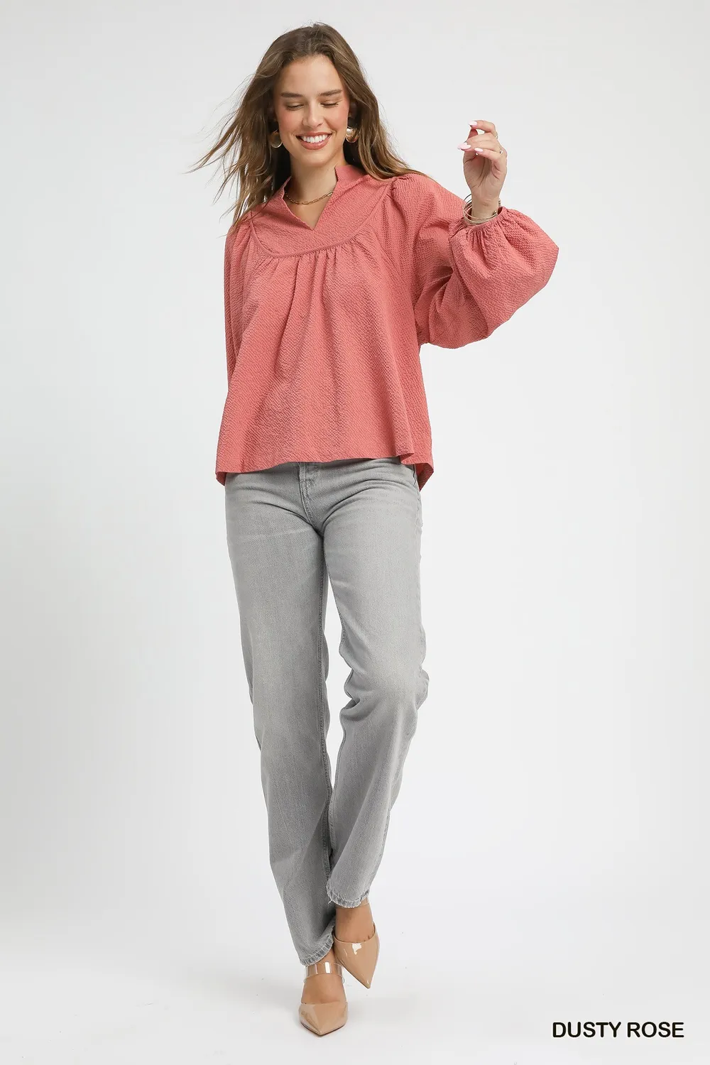 Textured Notched Blouse with Balloon Sleeves, image 5