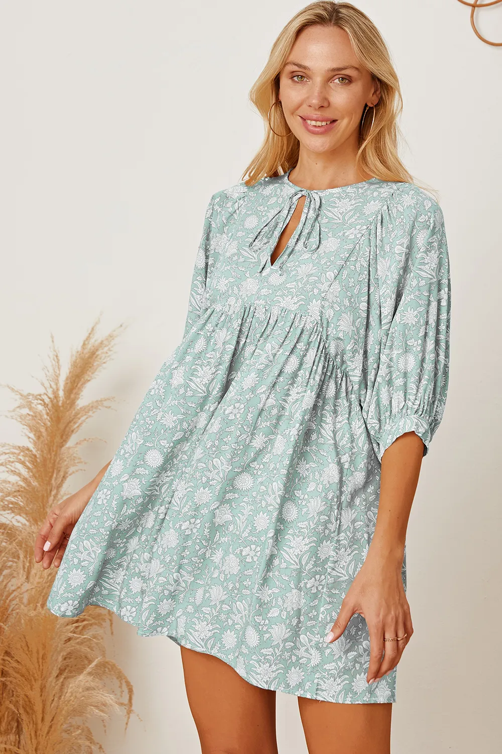 Floral Tie Neck Ruched Babydoll Dress, image 8