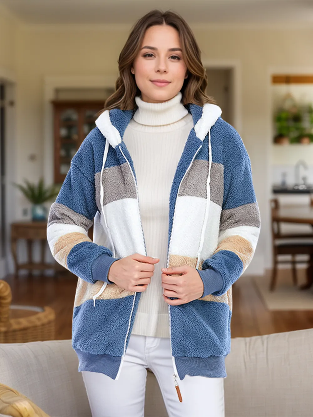 Full Size Drawstring Color Block Zip Up Hooded Outerwear, image 2