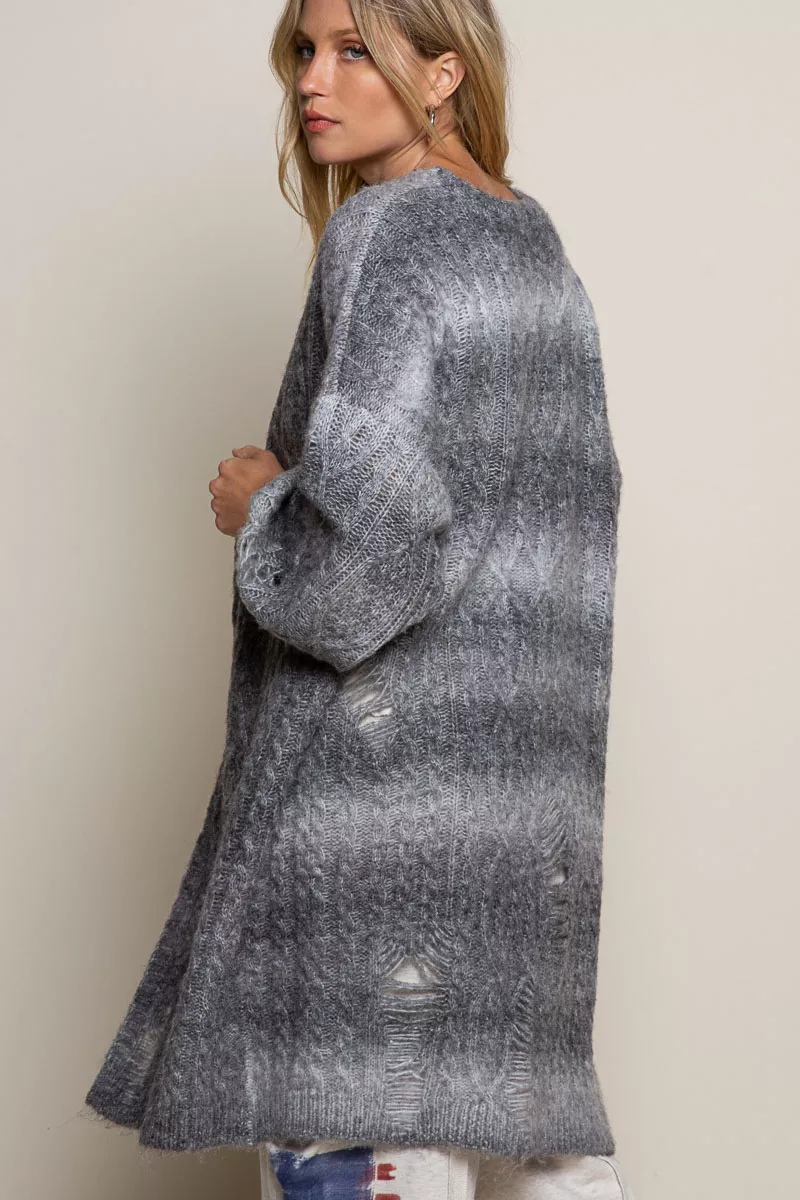 Distressed Cable-Knit Ombre Dying Cardigan, image 3