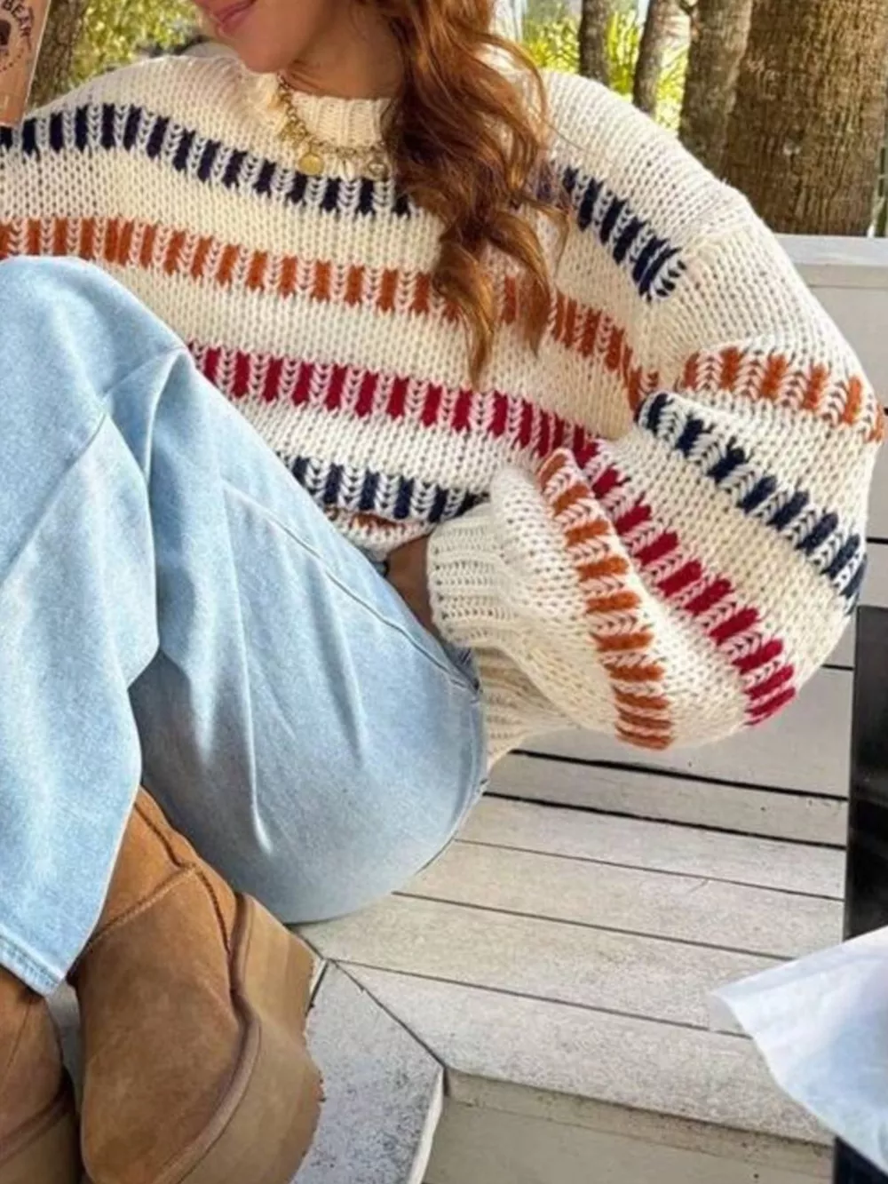 Striped Round Neck Long Sleeve Sweater, image 3