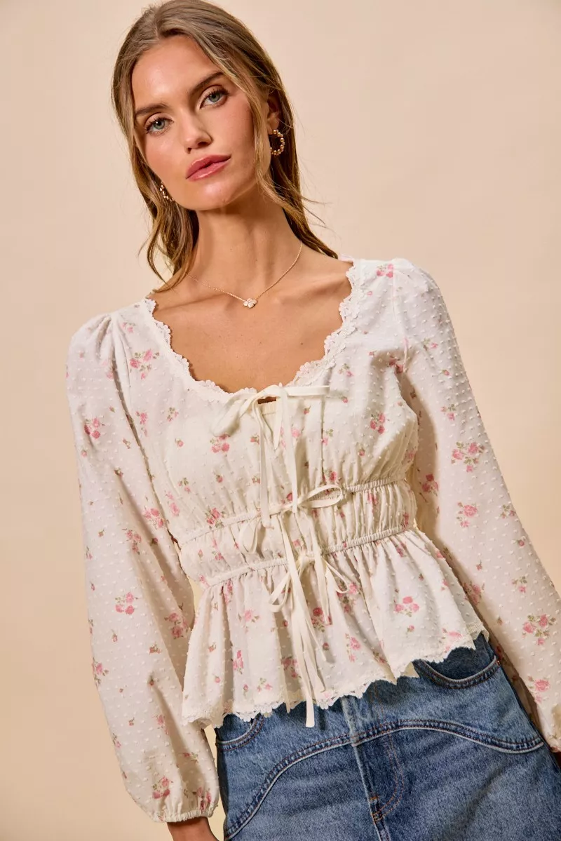 Floral Clip Dot Lace Trim Ruched Bodice Blouse, image 6