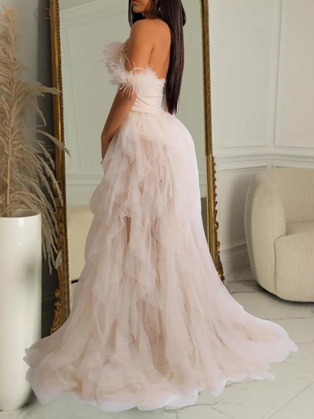 Feathered Corset Tulle Evening Dress, image 5