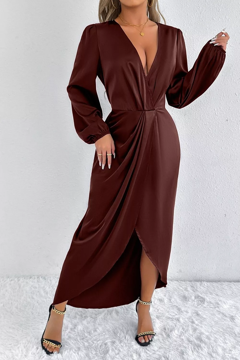 Satin Balloon Sleeve Midi Dress, image 24