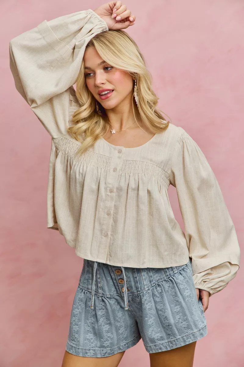 Linen Blend Woven Long Sleeve With Smocking Top, image 11