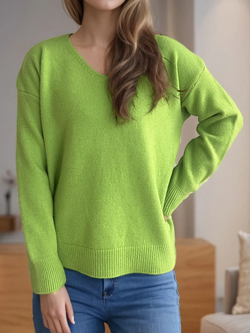 V-Neck Dropped Shoulder Long Sleeve Sweater, image 9
