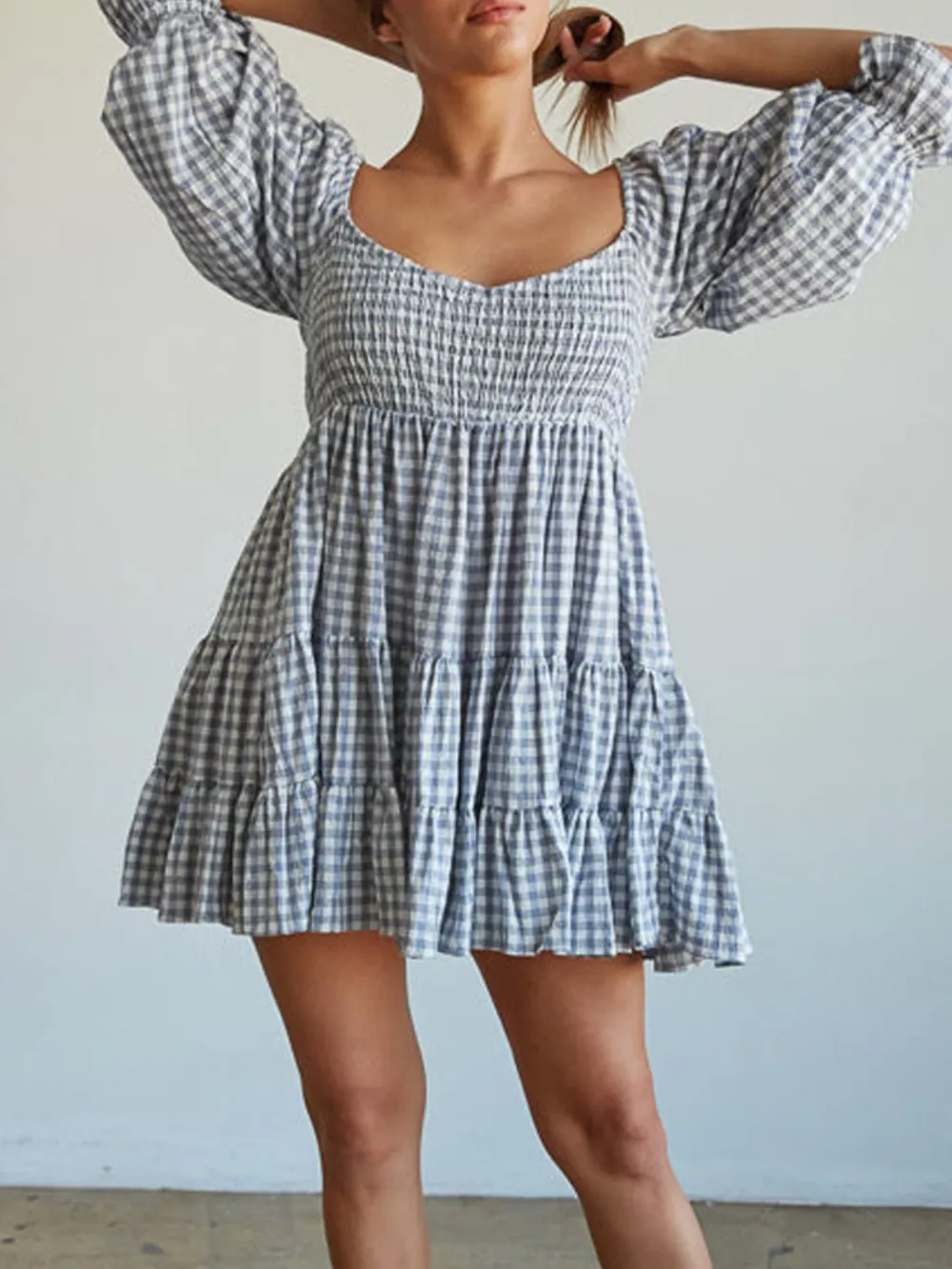 Ruffled Hem Plaid Half Sleeve Mini Dress, image 3