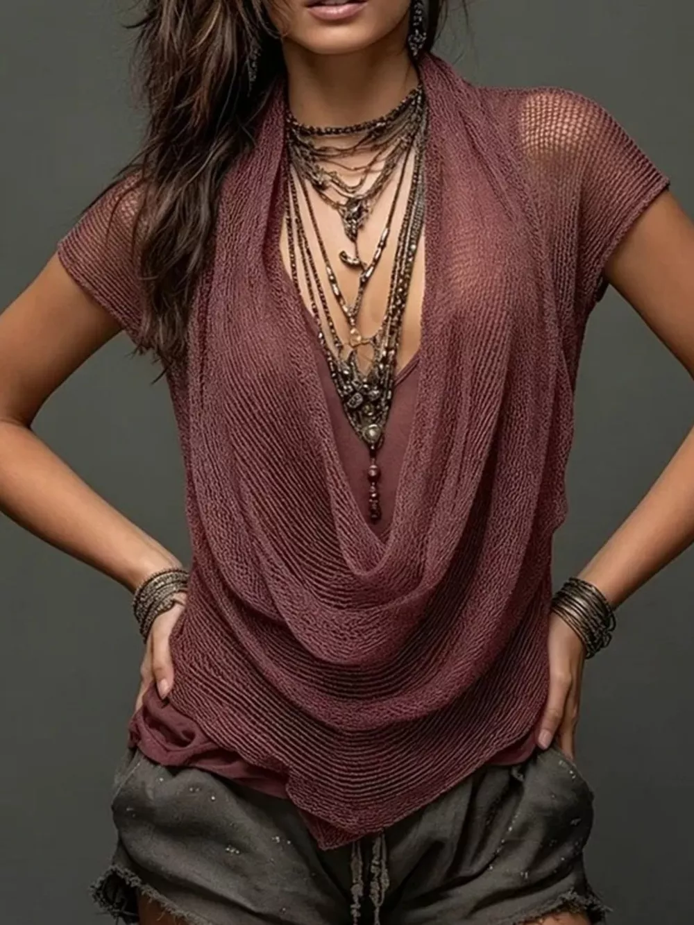 Full Size Scoop Neck Tank and Cowl Neck Cover Up Set Plus Size, image 7