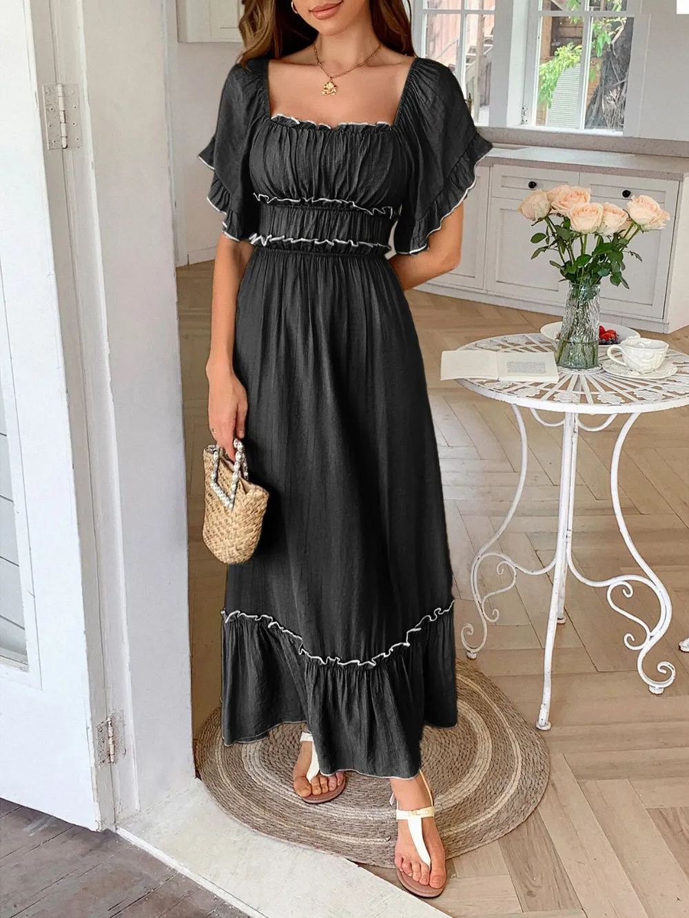 Square Neck Puff Sleeve Ruffle Trim Maxi Dress, image 7