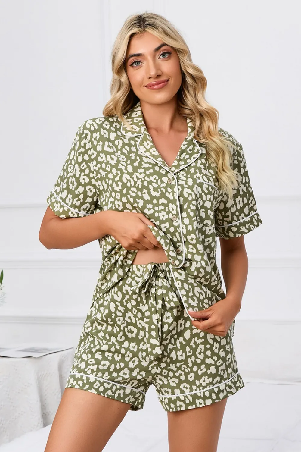 Full Size Leopard Short Sleeve Top and Shorts Lounge Set Plus Size, image 3
