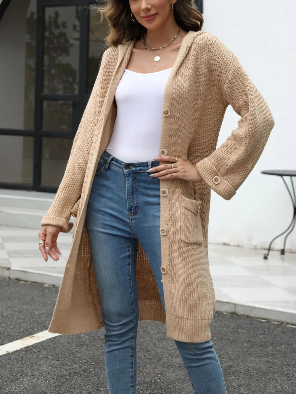 Pocketed Button Up Long Sleeve Hooded Cardigan, image 2