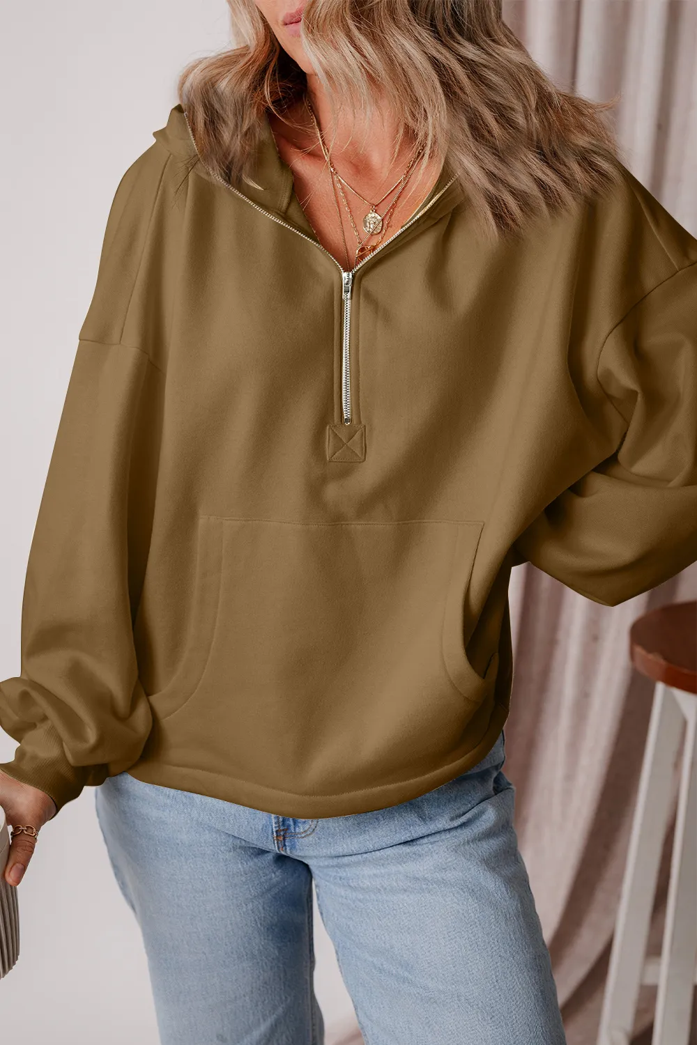Pocketed Half Zip Dropped Shoulder Hoodie, image 25