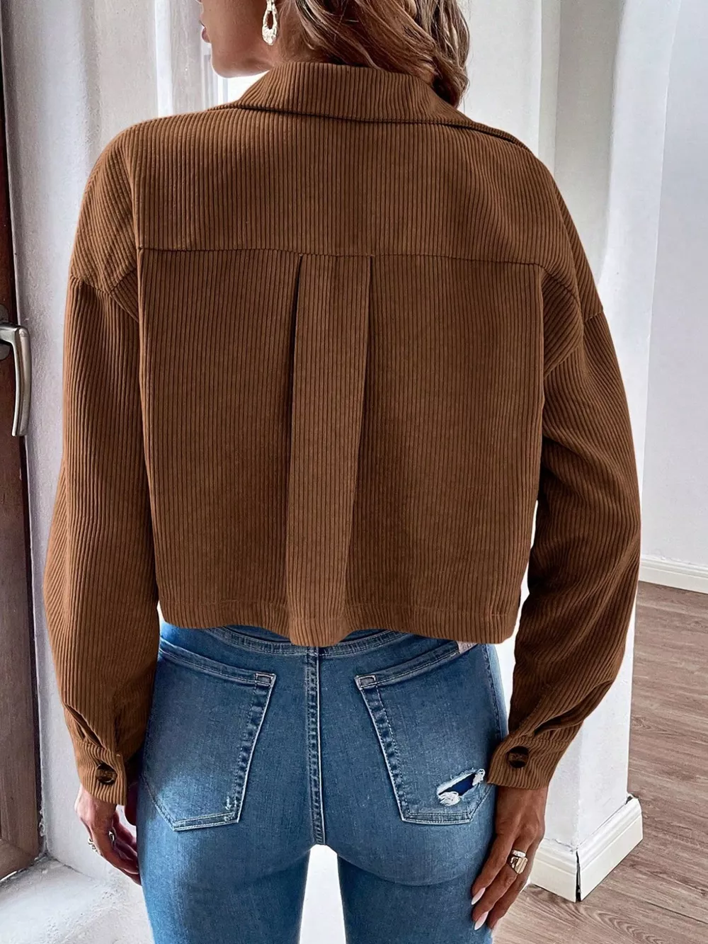 Cropped Corduroy Button-Down Jacket, image 5