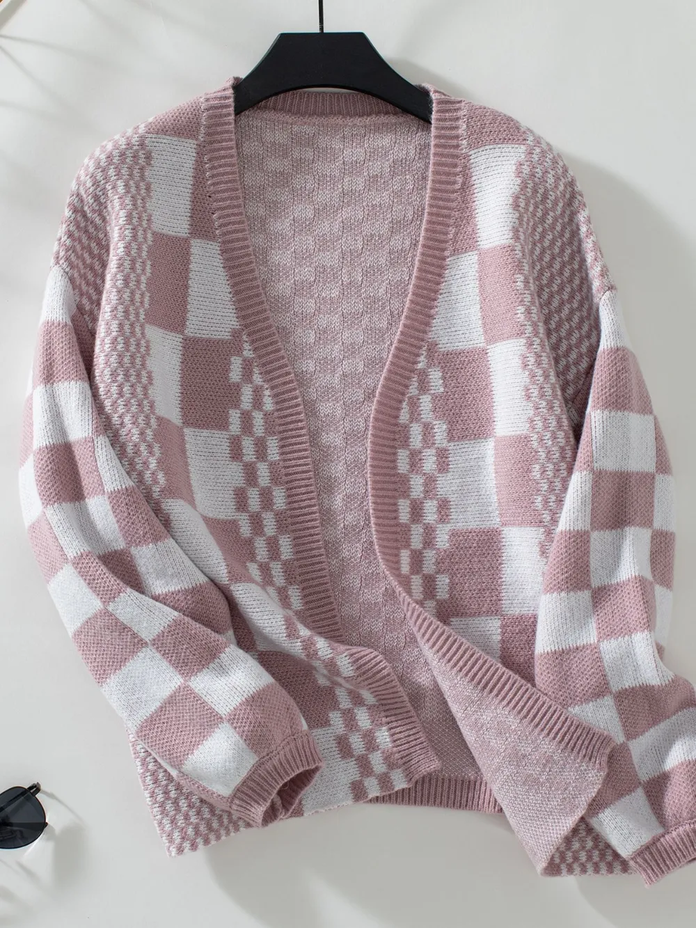 Checkered Open Front Dropped Shoulder Cardigan, image 4