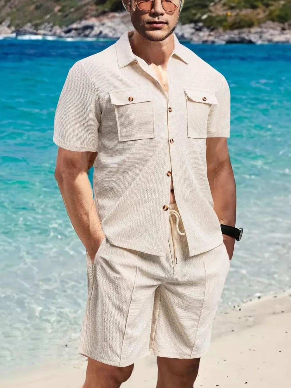 Men's Full Size Button Down Short Sleeve Top and Shorts Set Plus Size