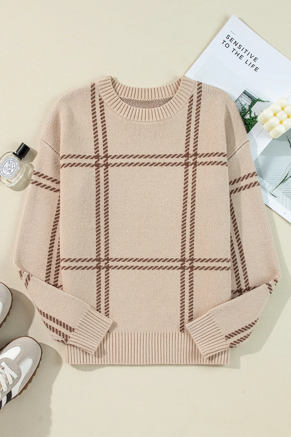 Plaid Round Neck Dropped Shoulder Sweater, image 5