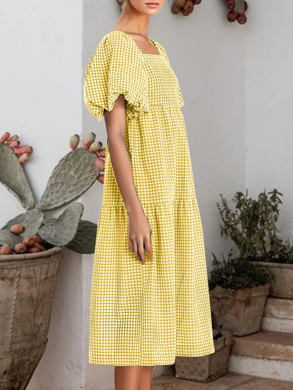 Plaid Square Neck Short Sleeve Dress, image 8