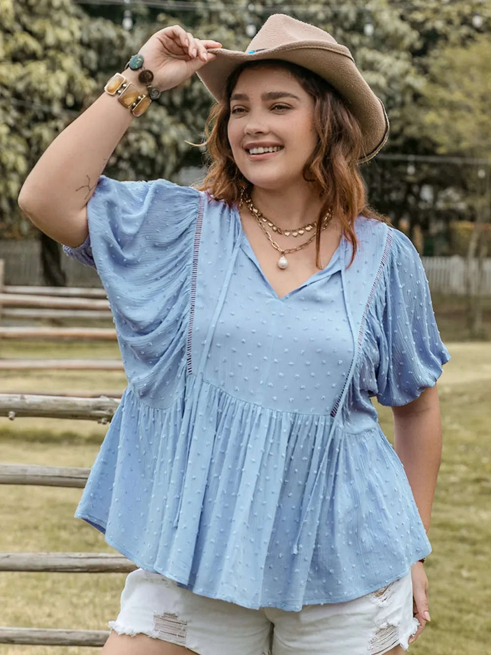 Plus Size Swiss Dot Tie Neck Short Sleeve Blouse, image 8