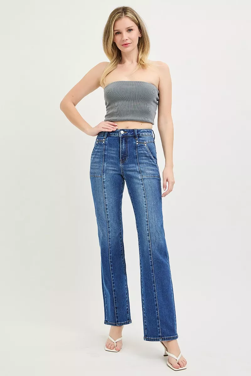High Rise Straight Patch Pocket Seamed Jeans, image 6