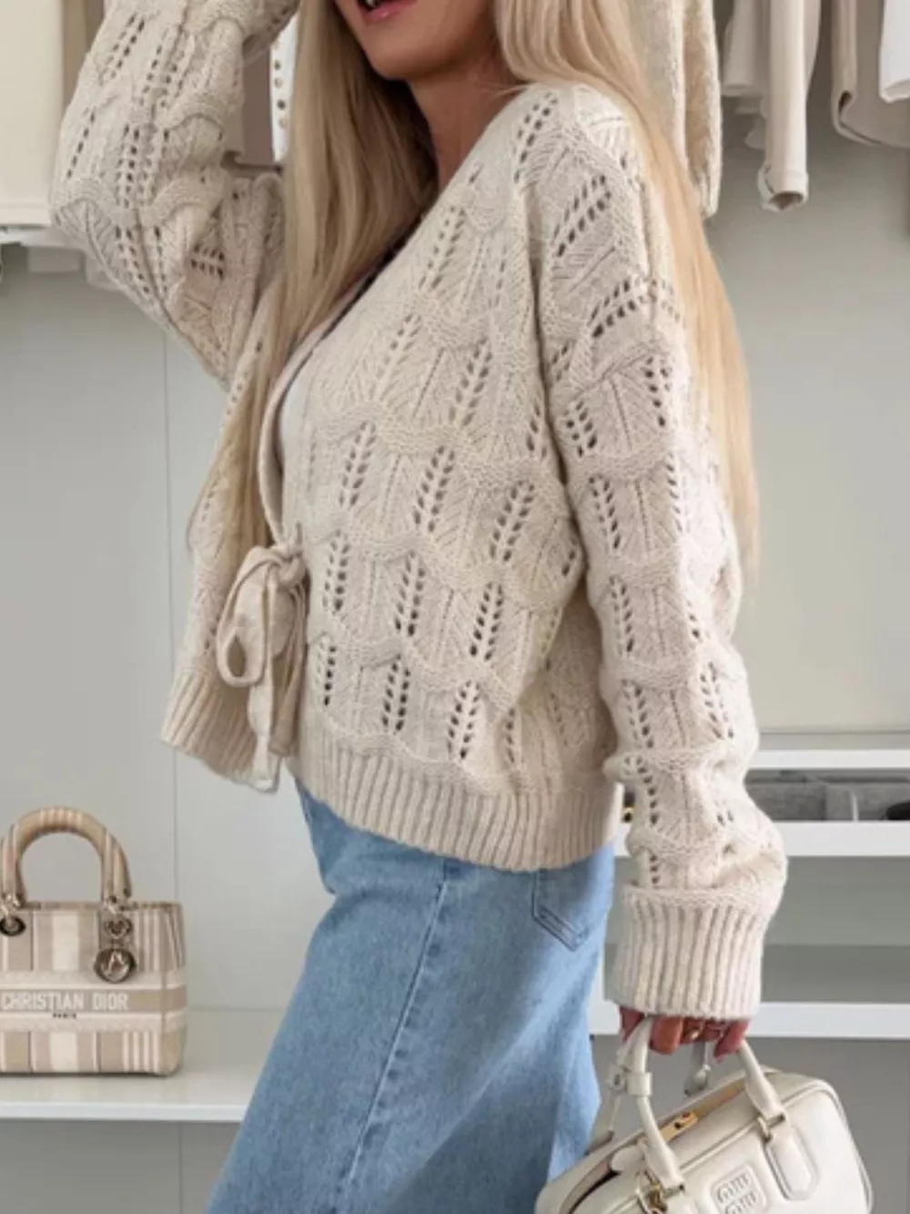 Tie-Front Openwork Cardigan, image 3