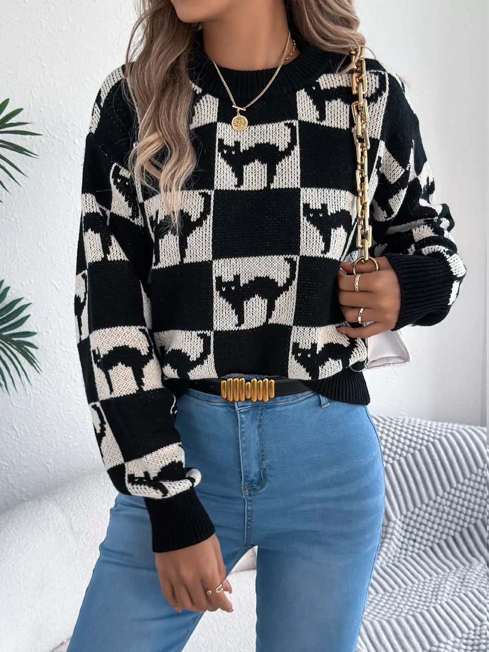 Cozy Cat Checkerboard Pattern Sweater, image 2