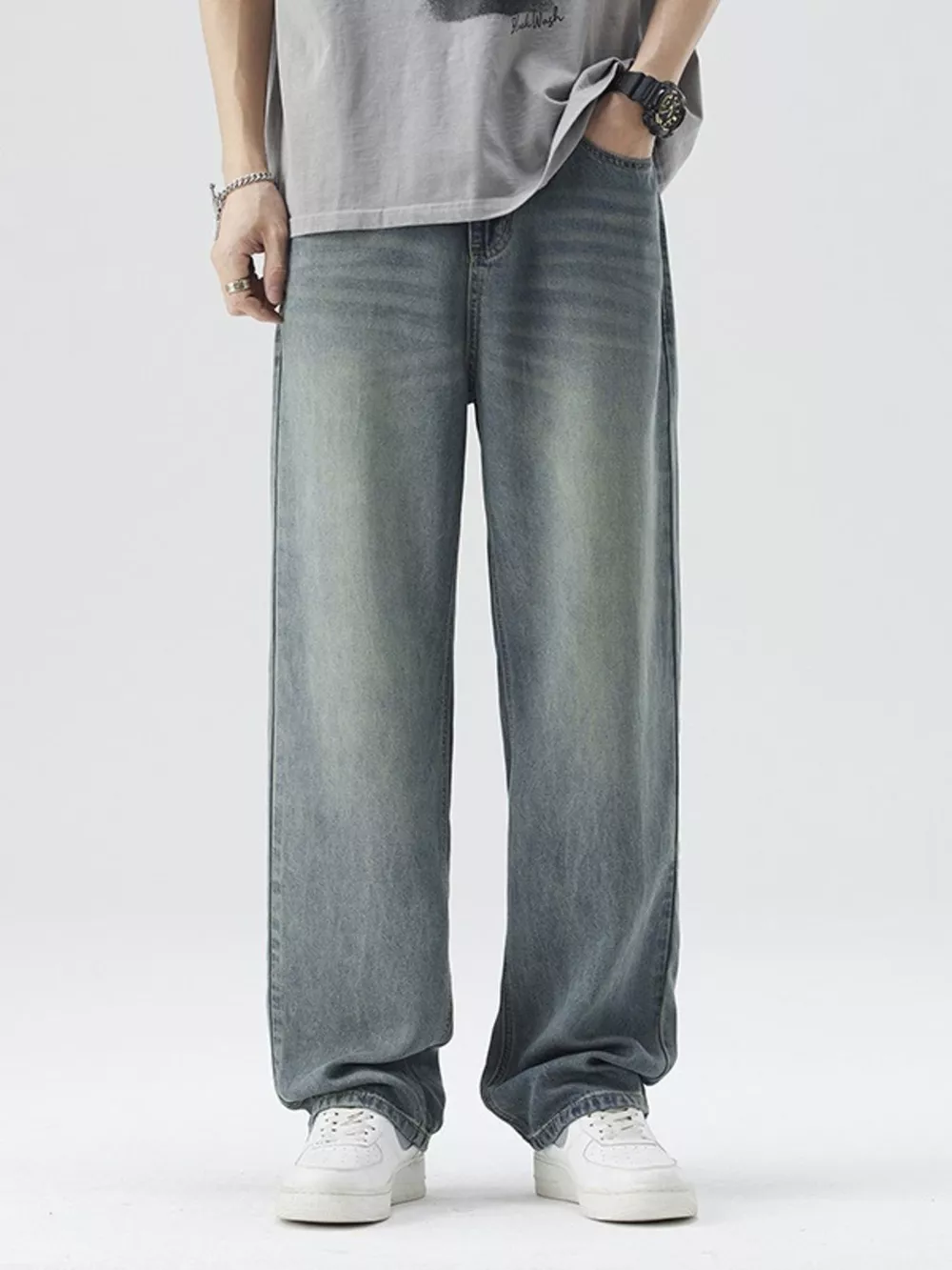 Men's Washed Wide Leg Relaxed Fit Jeans, image 3