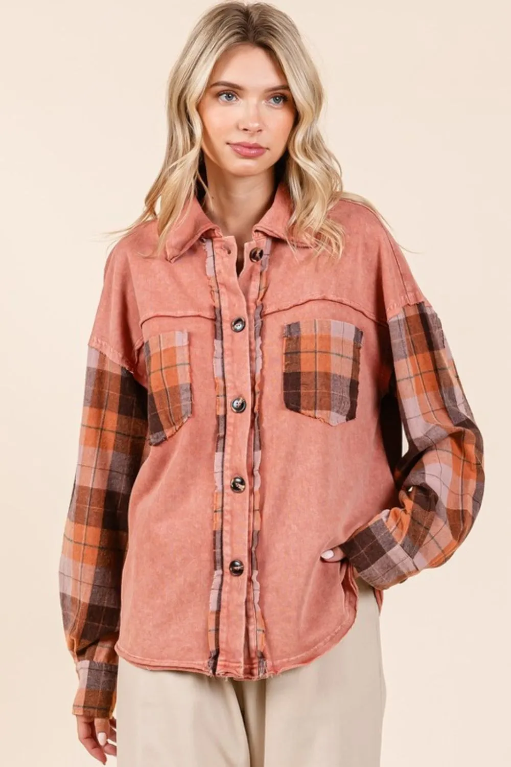 Button Down Contrast Plaid Patchwork Shacket, image 6